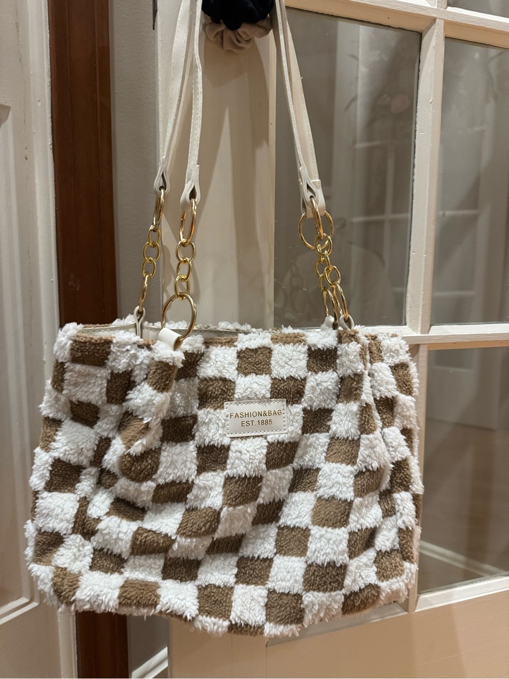 Fashion Bug Brown and White Checkerboard Faux-Sherpa Shoulder Bag